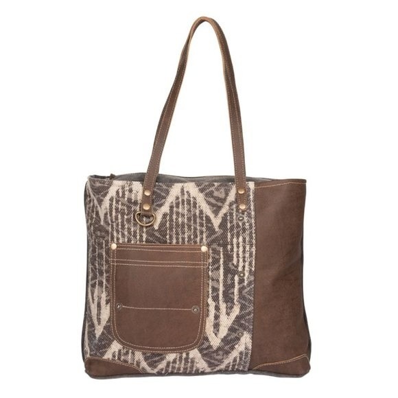 Myra Bag Upcycled Canvas & Cowhide Brown Tote - Picture 1 of 9